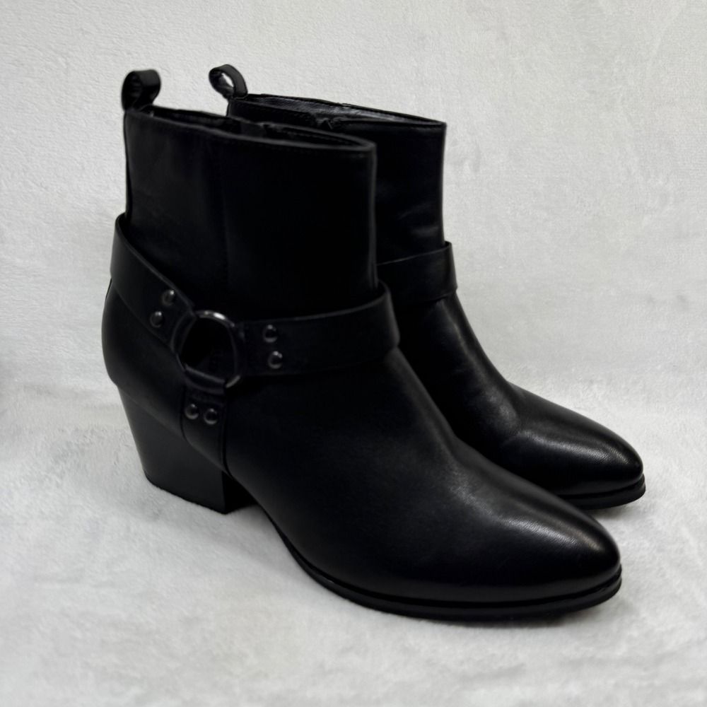 House of Harlow Black Leather Harness Moto Ankle Boots Block Heel Size 8.5